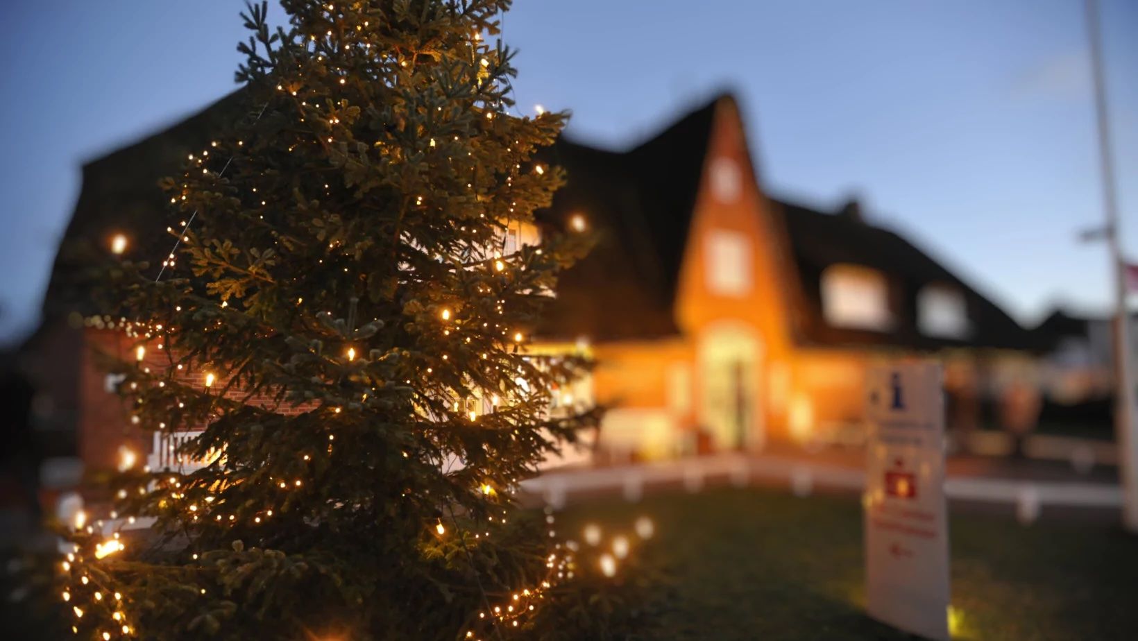 Beleuchteter Tannenbaum vor dem Kaamp Hüs