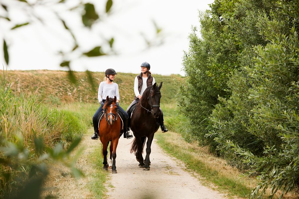 Zwei junge Frauen reiten in Tinnum auf Sylt aus