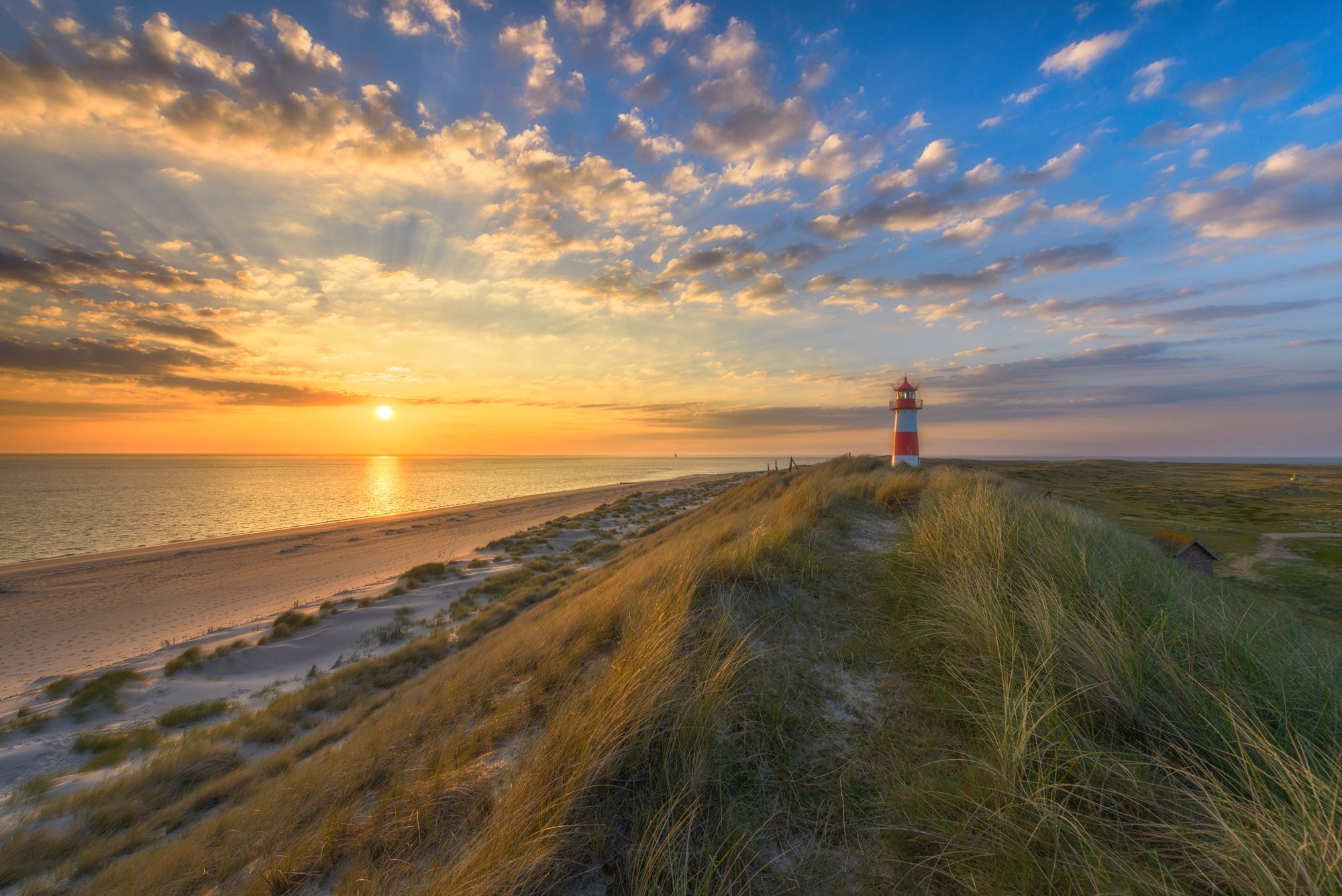 Leuchtturm List-Ost am Ellenbogen auf Sylt im Morgenlicht