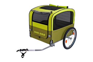 Gelbgrüner Fahrradanhänger für Hunde