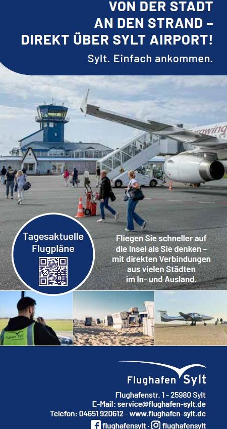Das Titelbild des Flughafen Sylt-Flyers zeigt Personen, die gerade aus dem Flugzeug gestiegen sind und nun zum Ankunftsgate laufen