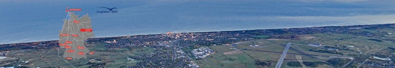 Deutschlandkarte mit den Flugverbindungen vom Flughafen Sylt - im Hintergrund eine Drohenaufnahme vom Flughafen mit Blick Richtung Westerland und Nordsee