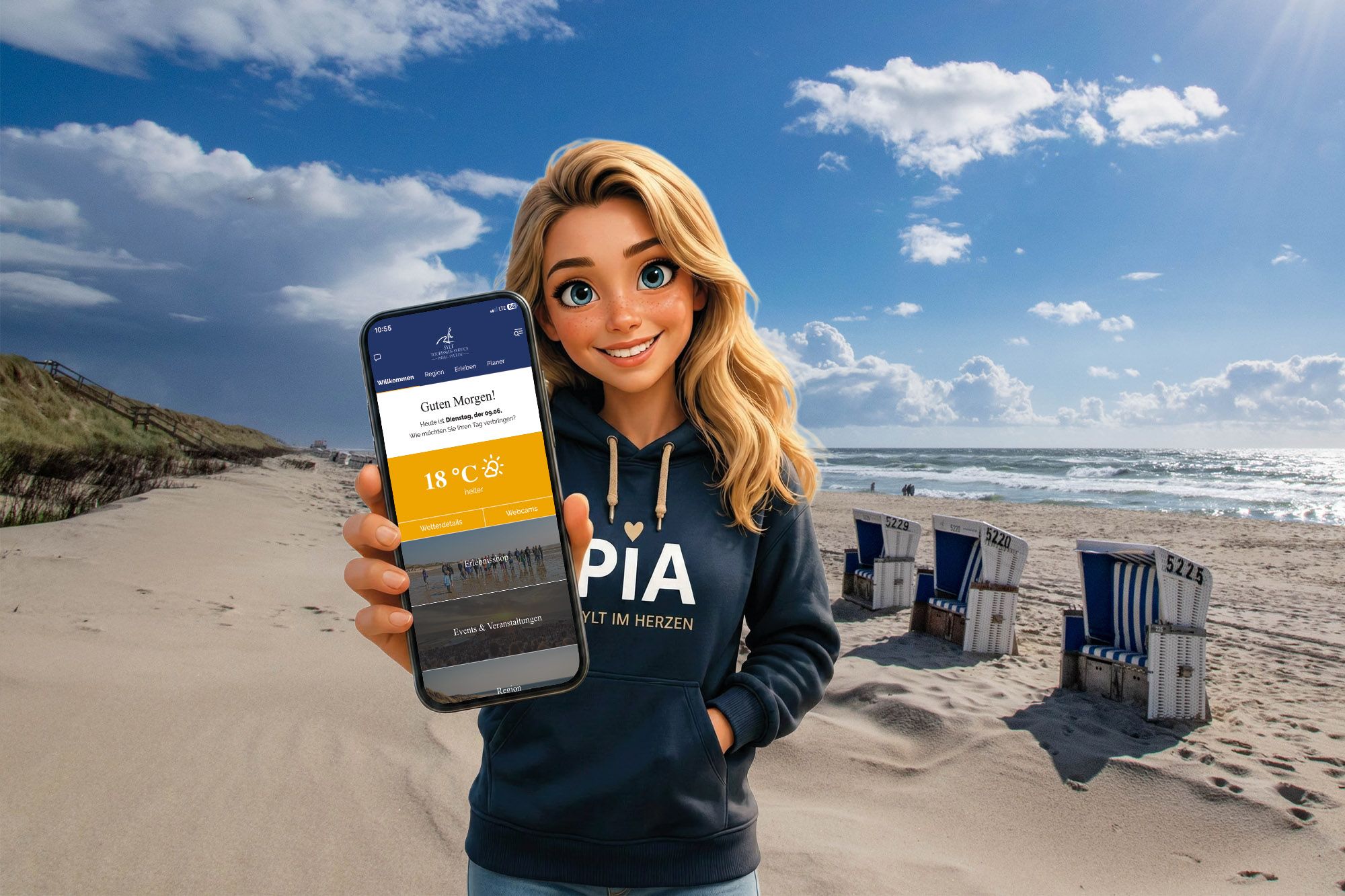 Eine KI-generierte PIA, die persönliche Insel-Assistentin, hält ein Smartphone mit der Web-App Richtung Kamera und steht selbst dabei am Sylter Strand, im Hintergrund Strandkörbe