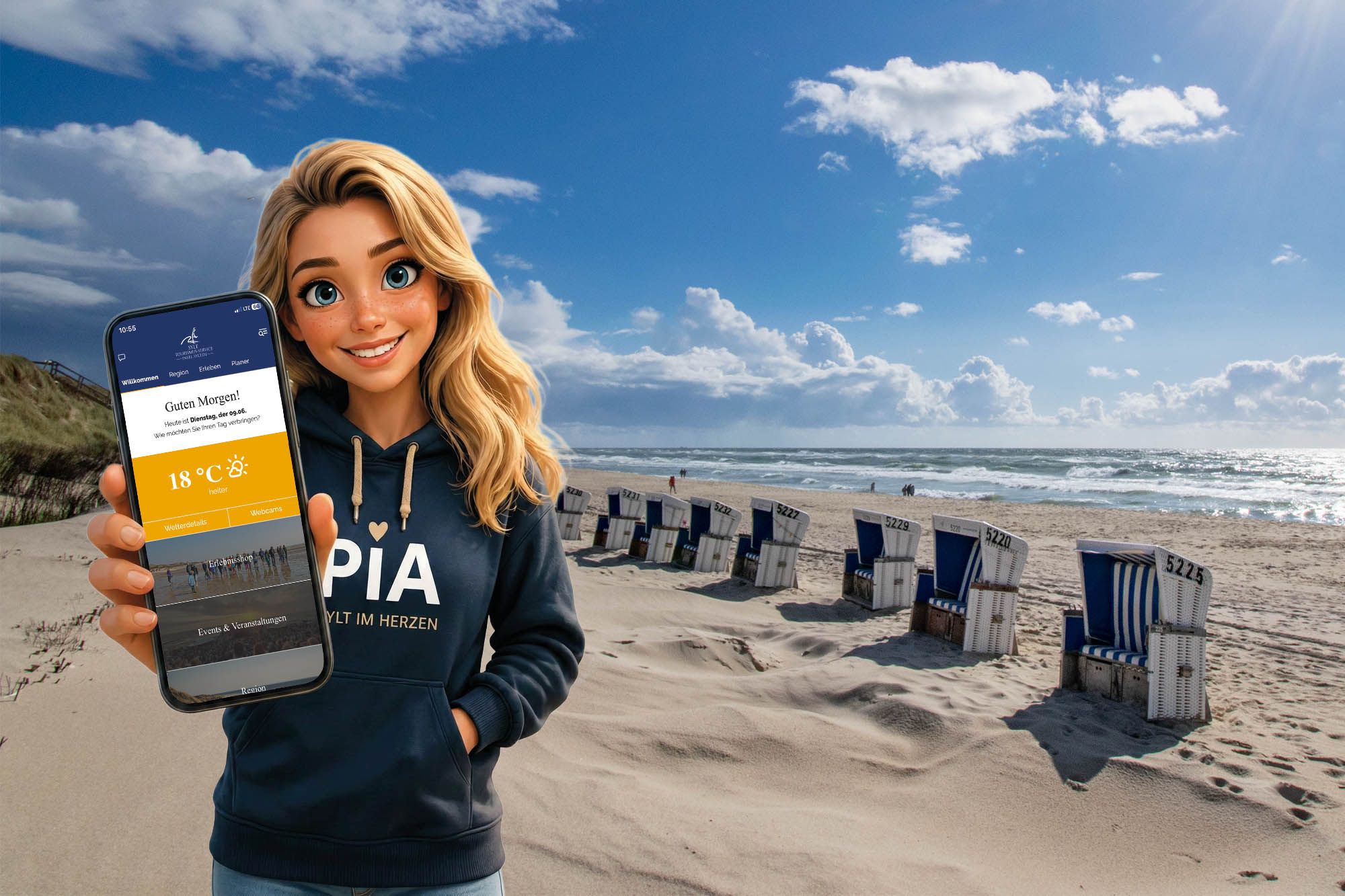 Eine KI-generierte PIA, die persönliche Insel-Assistentin, hält ein Smartphone mit der Web-App Richtung Kamera und steht selbst dabei am Sylter Strand, im Hintergrund Strandkörbe
