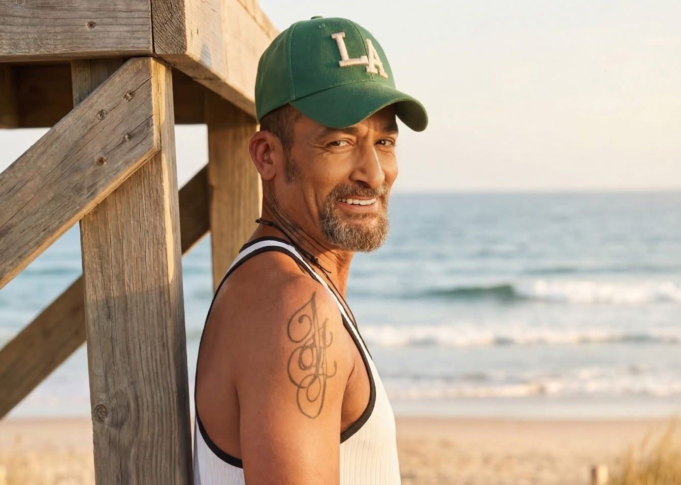 Der Sänger Mark Medlock trägt eine dunkelgrüne Cap mit der Ausschrift LA, steht am Strand mit dem Meer im Hintergrund und blickt in die Kamera