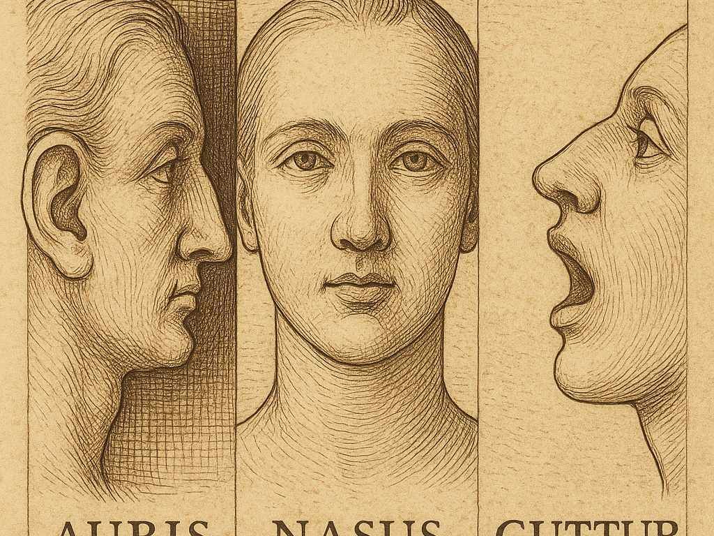 ENT illustration: ear, nose, throat – Dürer-style with Latin labels