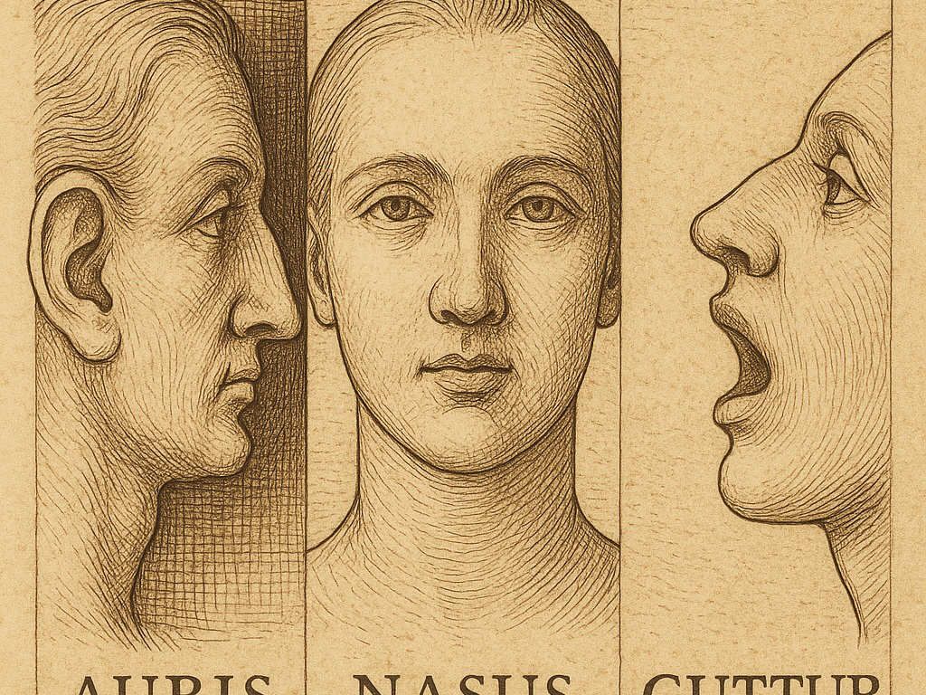 Renaissance-style illustration in the manner of Albrecht Dürer: three heads representing ENT medicine – left a profile ear (AURIS), center a frontal nose (NASUS), right an open mouth in phonation (GUTTUR); finely hatched ink drawing on parchment background