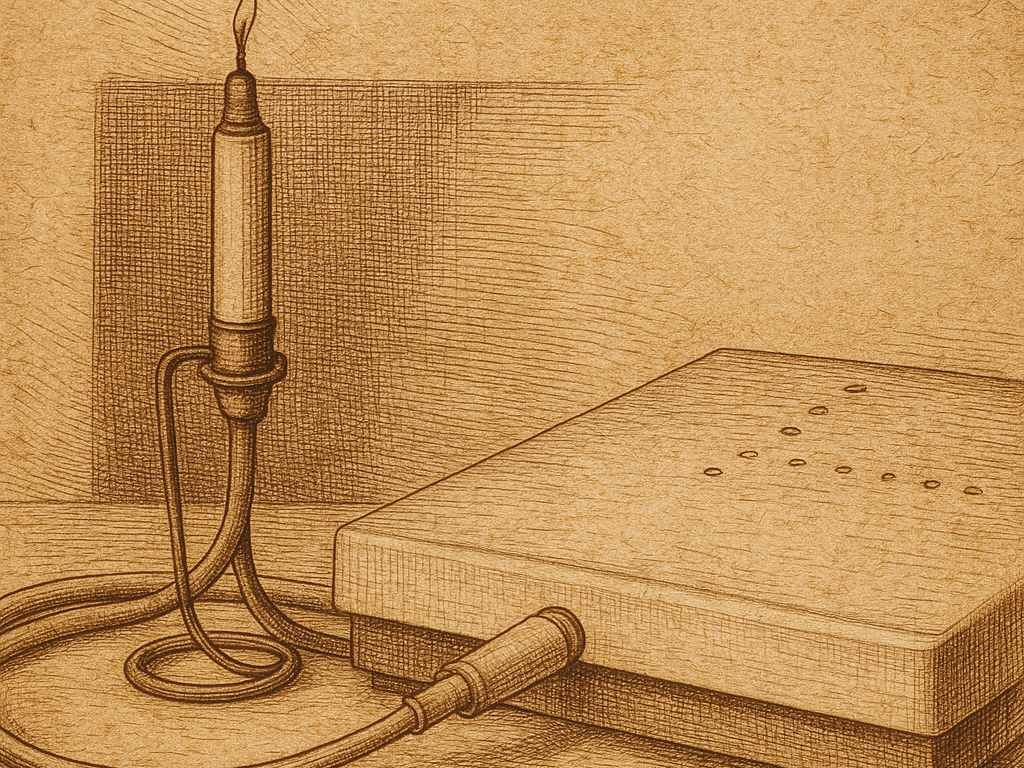 Copperplate-style illustration of a complete piezotome device – symbolic image for modern ultrasound-based nasal surgery by Dr. Jacob Bruegel in Nuremberg