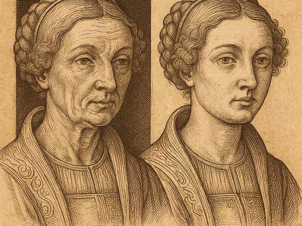 Renaissance-style illustration inspired by Albrecht Dürer: aged female face on the left with deep wrinkles, sagging jawline and forehead lines; rejuvenated version on the right with smooth skin and defined features – symbolizing regenerative aesthetic medicine and anti-aging treatment