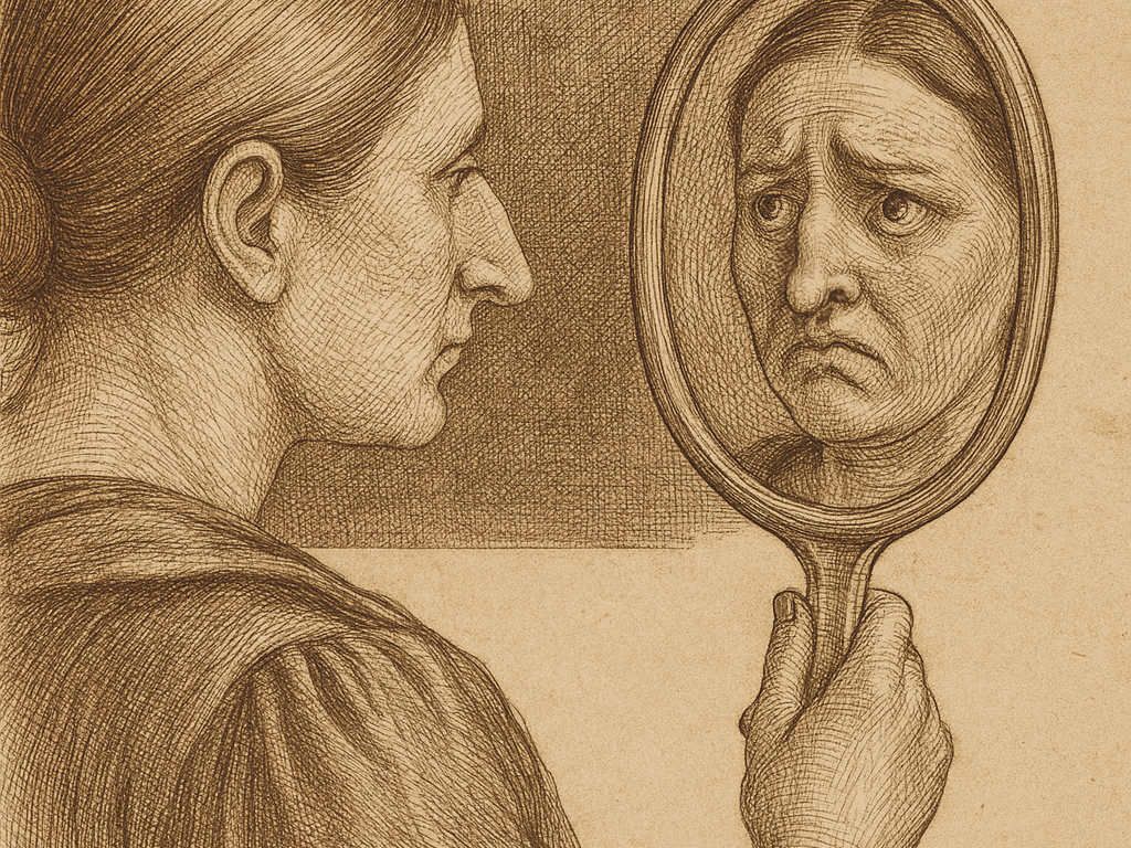 Copperplate-style illustration of an unhappy woman after failed nasal surgery – symbolic image for revision rhinoplasty by Dr. Jacob Bruegel in Nuremberg