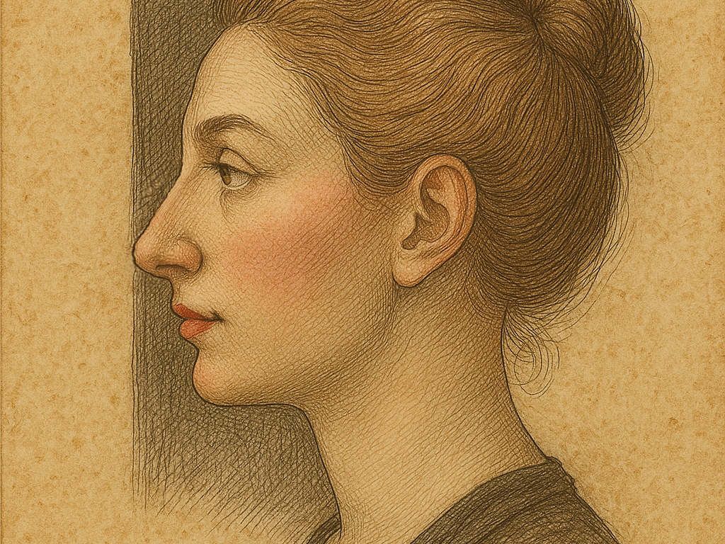 Copperplate-style portrait of a woman with a harmonious nose – visual symbol for aesthetic rhinoplasty by ENT specialist Dr. Jacob Bruegel in Nuremberg