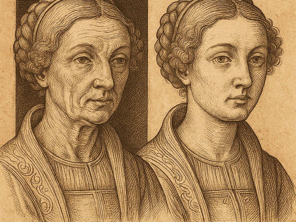 Before-and-after face: aged left, youthful right – Dürer-style, theme of regenerative medicine
