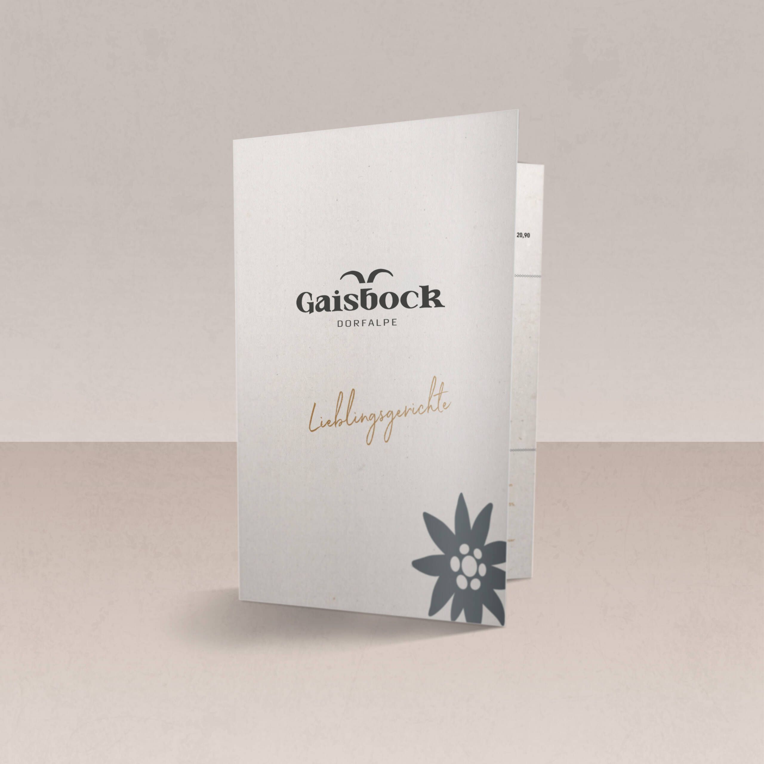 Die Speisekarte des Gaisbocks Dorfgasthofs mit dem Titel 'Lieblingsgerichte'.