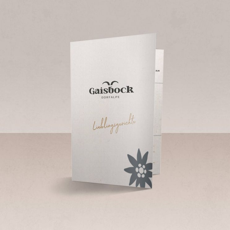 Die Speisekarte des Gaisbocks Dorfgasthofs mit dem Titel 'Lieblingsgerichte'.